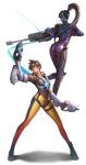  2girls absurdres ass bodysuit contrapposto dantewontdie gun hand_up head_mounted_display highres long_hair multiple_girls overwatch ponytail purple_skin raised_hand rifle shadow shoes short_hair skin_tight sniper_rifle tracer_(overwatch) very_long_hair weapon white_background widowmaker_(overwatch) 