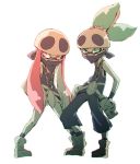  1boy 1girl bandana_over_mouth bandanna commentary_request cosplay domino_mask green_eyes inkling itoda jewelry long_hair mask necklace pink_eyes pink_hair pokemon pokemon_(game) pokemon_sm ponytail short_shorts shorts splatoon spray_paint team_skull team_skull_(cosplay) team_skull_grunt tentacle_hair 