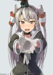  1girl :d amatsukaze_(kantai_collection) blush brown_eyes choker commentary_request fang giving gloves grey_background hair_tubes hinami_(hinatamizu) holding kantai_collection long_hair looking_at_viewer open_mouth panties school_uniform serafuku sexually_suggestive silver_hair simple_background smile smoke solo steam sweat two_side_up underwear visible_air 