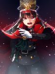  1girl :d belt black_hair cape cowboy_shot demon_archer fate/grand_order fate_(series) gloves hand_on_hip hat hat_ornament highres ichiren_namiro koha-ace long_hair long_sleeves looking_at_viewer military military_uniform open_mouth peaked_cap red_eyes smile solo uniform white_gloves 