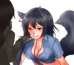  2girls animal_ears black_hair breasts brown_hair claws cleavage furry long_hair lyca_(monster_musume) monster_girl monster_musume_no_iru_nichijou monster_musume_no_iru_nichijou_online multiple_girls red_eyes shirt simple_background snout tail tana_(tana_chi35) tied_shirt werewolf white_background wolf_ears wolf_girl wolf_paws wolf_tail 