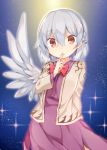  1girl akagashi_hagane blue_background bow bowtie braid dress finger_to_mouth gradient gradient_background jacket kishin_sagume long_sleeves looking_at_viewer purple_dress red_eyes short_hair silver_hair single_wing smile solo sparkle touhou upper_body wings 
