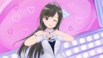  &gt;_o alternate_costume alternate_hairstyle asashio_(kantai_collection) bare_shoulders black_hair blue_eyes dress eyebrows eyebrows_visible_through_hair gloves heart heart_hands highres idol idolmaster idolmaster_cinderella_girls jewelry kafuu_kaya kantai_collection long_hair looking_at_viewer necklace one_eye_closed parted_lips white_gloves 