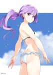  1girl ass bikini from_behind kerorira long_hair nishikawa_youko ponytail purple_hair sansha_san&#039;you swimsuit violet_eyes 