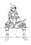  1girl armor artist_request bikini_armor boots commentary_request dagger feathers helmet monochrome navel nisetanaqa original revealing_clothes sitting solo sword thigh-highs thigh_boots weapon 