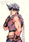  1boy finger_to_mouth fingerless_gloves from_behind gloves green_eyes jojo_no_kimyou_na_bouken joseph_joestar_(young) looking_back male_focus muscle one_eye_closed purple_hair scarf solo star starry_background striped striped_scarf sujiko_(125motimoti) translation_request upper_body 