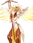  1girl blonde_hair mechanical_halo mechanical_wings mercy_(overwatch) overwatch pantyhose sally_(luna-arts) short_ponytail smile solo staff wings 