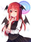  +_+ 1girl ;d arm_up bat_wings blush breast_hold breasts collared_shirt dress_shirt eyebrows eyebrows_visible_through_hair eyelashes grin hair_between_eyes head_wings index_finger_raised koakuma long_hair long_sleeves looking_at_viewer necktie one_eye_closed open_mouth red_eyes red_necktie redhead renka_(sutegoma25) shirt simple_background skirt skirt_set smile solo touhou vest white_background white_shirt wings 