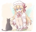  1girl :d animal black_cat blonde_hair blue_eyes blush bow cat fairy_wings full_body hand_on_own_knee hat lily_white long_hair long_sleeves loose_socks open_hand open_mouth ribbon smile socks solo squatting touhou wide_sleeves wings yutamaro 