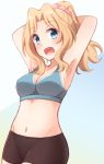  1girl arms_up bike_shorts black_shorts blonde_hair blue_eyes blush breasts cleavage girls_und_panzer highres kapatarou kay_(girls_und_panzer) long_hair looking_at_viewer open_mouth ponytail scrunchie shorts smile solo sports_bra standing white_background 