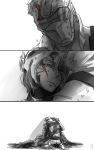  1boy 1girl bad_end bleeding blood blue_eyes comic dying gradient gradient_background lillu mercy_(overwatch) monochrome number overwatch shadow soldier:_76_(overwatch) spot_color visor white_background 