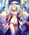  1girl blonde_hair breasts copyright_name hair_between_eyes long_hair medium_breasts nekonabe_ao official_art original shingoku_no_valhalla_gate smile solo staff tiara watermark yellow_eyes 