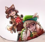  2girls akai_mi_ga_bakuhatsu_shita animal_ears big_bad_wolf big_bad_wolf_(cosplay) big_bad_wolf_(grimm) brown_hair cosplay crying crying_with_eyes_open double_bun dress drill_hair drooling feathers female_pervert fingerless_gloves gloves gradient gradient_background groping_motion hat hunter_(little_red_riding_hood) hunter_(little_red_riding_hood)_(cosplay) idolmaster idolmaster_cinderella_girls jacket lying morikubo_nono multiple_girls munakata_atsumi on_stomach open_clothes open_jacket open_mouth pervert short_hair smile socks tail tail_wagging tears twintails wavy_mouth wolf_ears wolf_tail 