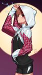  1girl bike_shorts brown_eyes brown_hair cosplay from_side hood hoodie marvel misaka_mikoto rod_(rod4817) short_hair shorts solo spider-gwen spider-gwen_(cosplay) to_aru_kagaku_no_railgun to_aru_majutsu_no_index 