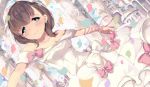  1girl blue_eyes blush breasts bridal_veil brown_hair dress hairband idolmaster idolmaster_cinderella_girls looking_at_viewer nabisuke petals ribbon sakuma_mayu short_hair smile solo veil wedding_dress 