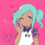  1girl aqua_hair blown_kiss face female heart ibashi_roni inazuma_eleven inazuma_eleven_(series) looking_at_viewer one_eye_closed oosaka_gals partially_colored pink_background short_twintails soccer_uniform solo sportswear twintails upper_body urabe_rika 