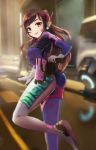  1girl anemone bad_anatomy bodysuit brown_hair d.va_(overwatch) facial_mark female gun headphones holding_weapon long_hair looking_at_viewer open_mouth overwatch pink_eyes smile solo weapon 
