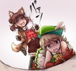  2girls akai_mi_ga_bakuhatsu_shita animal_ears big_bad_wolf big_bad_wolf_(cosplay) big_bad_wolf_(grimm) brown_hair cosplay crying crying_with_eyes_open double_bun dress drill_hair drooling feathers female_pervert fingerless_gloves gloves gradient gradient_background groping_motion hat hunter_(little_red_riding_hood) hunter_(little_red_riding_hood)_(cosplay) idolmaster idolmaster_cinderella_girls jacket lying morikubo_nono multiple_girls munakata_atsumi on_stomach open_clothes open_jacket open_mouth pervert short_hair smile socks tail tears trembling twintails wavy_mouth wolf_ears wolf_tail 