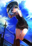  1girl blue_eyes blue_hair character_request female hat highres kamindani kantai_collection outdoors short_shorts shorts smile solo 