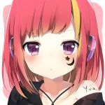  1girl :&lt; blush copyright_request crescent facial_tattoo headphones highres looking_at_viewer niito portrait redhead single_bare_shoulder solo star_and_crescent star_tattoo tattoo violet_eyes 