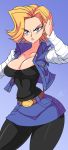  1girl android_18 asymmetrical_bangs bangs belt belt_buckle bigdead93 black_legwear blonde_hair blue_background blue_eyes breasts buckle cleavage denim_skirt dragon_ball dragon_ball_z dragonball_z earrings hair_flip highres hoop_earrings jewelry large_breasts lipstick makeup miniskirt pantyhose short_hair skirt slender_waist solo striped vest 