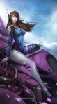  1girl alternate_eye_color arm_support armor artist_name bangs blue_eyes blue_sky bodysuit boots breasts brown_hair bunny_print clouds cloudy_sky covered_navel d.va_(overwatch) facepaint facial_mark floating_hair gloves headphones high_collar highres lips long_hair mecha meka_(overwatch) mountain overwatch parted_lips petals pilot_suit pink_lips rabbit shoulder_pads skin_tight sky solo thigh-highs thigh_boots turtleneck whisker_markings white_boots white_gloves 