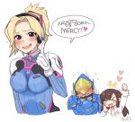  &gt;_&lt; +++ 3girls :d arm_up artist_name blonde_hair blush bodysuit breasts brown_hair bunny_print closed_eyes commentary_request cosplay d.va_(overwatch) d.va_(overwatch)_(cosplay) embarrassed expressive_clothes facial_mark flying_sweatdrops gloves headset heart helmet high_ponytail ilhi index_finger_raised korean long_hair medium_breasts mercy_(overwatch) multiple_girls name_tag open_clothes open_mouth open_shirt overwatch pharah_(overwatch) power_armor rabbit shirt shouting signature simple_background smile sweat sweatdrop translation_request whisker_markings xd 