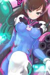  1girl :3 armcho blue_eyes blurry bodysuit breasts brown_hair closed_mouth cowboy_shot d.va_(overwatch) depth_of_field dutch_angle eyelashes facepaint facial_mark gatling_gun gloves gun holographic_interface leg_up long_hair looking_at_viewer mecha medium_breasts meka_(overwatch) overwatch skin_tight smile solo tsurime weapon whisker_markings white_gloves 