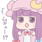  /\/\/\ 1girl batta_(ijigen_debris) blush_stickers bow chibi crescent crescent_hair_ornament dress eyebrows eyebrows_visible_through_hair hair_bow hair_ornament hat long_hair mob_cap mukyuu pajamas patchouli_knowledge purple_hair simple_background solo square_mouth striped striped_dress sweatdrop text touhou violet_eyes white_background 