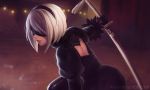  1girl artist_name backlighting black_dress black_gloves blindfold blurry covered_eyes depth_of_field dress gloves hairband holding holding_sword holding_weapon juliet_sleeves katana koyorin long_sleeves mole mole_under_mouth nier_automata outstretched_arm parted_lips puffy_sleeves red_lips short_hair silver_hair solo sword tassel unsheathed upper_body watermark weapon web_address yorha_unit_no._2_type_b 