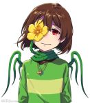  androgynous artist_name brown_hair chara_(undertale) flower head_tilt heart heart_necklace ko-on_(ningen_zoo) plant red_eyes shirt solo spoilers striped striped_shirt thorns undershirt undertale upper_body vines 