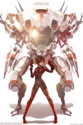  1girl absurdres arms_up bandaid bandaid_on_nose bodysuit brown_hair commentary copyright_name d.va_(overwatch) d.va_(overwatch)_(cosplay) dishwasher1910 dual_wielding gloves grey_eyes gun highres holding holding_gun holding_weapon legs_apart looking_at_viewer mecha meka_(overwatch) multicolored_hair overwatch pilot_suit redhead ruby_rose rwby shadow short_hair shoulder_pads simple_background skin_tight standing two-tone_hair watermark weapon white_background 