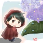  1girl black_hair boots brown_eyes ears eyebrows eyebrows_visible_through_hair flower highres hood kantai_collection leaf looking_at_viewer looking_to_the_side minigirl mogami_(kantai_collection) open_mouth rain raincoat red_hood short_hair taisa_(kari) 