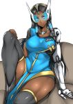  1girl absurdres arm_support black_hair couch dark_skin gggg highres looking_at_viewer mechanical_arm overwatch sitting solo symmetra_(overwatch) thigh-highs visor 