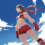  1girl black_hair boots boxing_gloves clouds from_below highres hinomoto_reiko loped midriff red_eyes rumble_roses scarf short_hair shorts sky smile 