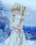  1girl blonde_hair cold crossed_arms shishinon snow solo 