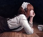  1girl black_background brown_eyes brown_hair commentary cup hand_on_own_chin head_rest highres imai_takahiro lips lolita_fashion lying maid_headdress oil_painting_(medium) on_stomach original profile realistic short_hair signature skirt solo suspender_skirt suspenders teacup wooden_floor 