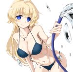  1girl abs bangs bare_arms bare_shoulders bikini blonde_hair blue_bikini blue_eyes blush breasts collarbone cowboy_shot hair_intakes hose jewelry large_breasts leaning_forward long_hair looking_at_viewer navel necklace regalia_the_three_sacred_stars revision rocha_(aloha_ro_cha) side-tie_bikini simple_background smile solo swimsuit tareme water white_background yuinshiel_asteria 