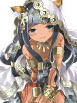  1girl all_fours animal_ears armlet bangs bare_shoulders bastet_(p&amp;d) black_hair blue_eyes blunt_bangs blush bracelet bridal_veil cat_ears dark_skin dress highres jewelry long_hair mosamune puzzle_&amp;_dragons smile solo strapless strapless_dress tattoo veil white_dress 