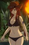  1girl angry backpack belt bikini black_eyes breasts cleavage erza_scarlet fairy_tail fire flame hat heart jungle large_breasts long_hair navel panties redhead river screencap solo swimsuit tattoo twintails underwear water 
