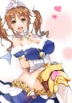  1girl :d alternate_costume bare_shoulders blush breasts brown_eyes brown_hair cleavage detached_sleeves gaichi granblue_fantasy heart idolmaster idolmaster_cinderella_girls jewelry large_breasts looking_at_viewer open_mouth short_hair skirt smile solo sword tiara totoki_airi twintails weapon 
