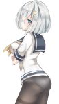  1girl blue_eyes breast_hold breasts crossed_arms from_behind from_side hair_ornament hair_over_one_eye hairclip hamakaze_(kantai_collection) highres kantai_collection large_breasts looking_at_viewer no_pants panties panties_under_pantyhose pantyhose parted_lips school_uniform serafuku short_hair silver_hair tokoi underwear white_background 