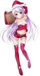  1girl :q armpits arms_up bare_shoulders boots breasts collarbone elbow_gloves full_body fur_trim gloves green_hair hat highres lavender_hair long_hair midriff navel nironiro red_gloves red_legwear santa_hat short_shorts shorts small_breasts solo thigh-highs thigh_boots tongue tongue_out transparent_background very_long_hair 
