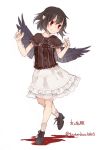  1girl alternate_costume black_hair black_wings boots character_name contemporary cross-laced_footwear full_body highres lace-up_boots looking_away pointy_ears red_eyes shameimaru_aya shirt short_hair short_sleeves simple_background skirt smile socks solo striped striped_legwear text touhou toutenkou twitter_username white_background wings 