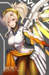  1girl blonde_hair blue_eyes breasts high_ponytail mechanical_halo mechanical_wings mercy_(overwatch) negister overwatch pantyhose skirt skirt_lift solo swiss_flag wings 