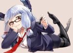  1girl alternate_costume black_legwear chess_piece dress_suit glasses kantai_collection loose_necktie murakumo_(kantai_collection) necktie no_shoes pantyhose queen_(chess) remodel_(kantai_collection) solo thighband_pantyhose yasu_(yossy) 