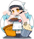  1girl alternate_headwear apron arare_(kantai_collection) black_hair black_legwear blush_stickers brown_eyes food food_request head_scarf holding_tray kano_(coyotehunt) kantai_collection kappougi kneehighs long_sleeves looking_at_viewer mittens muffin oven_mitts short_hair skirt smile solo standing steam tenugui tray 