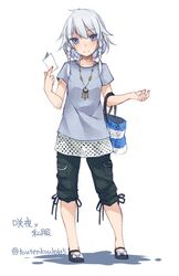  1girl alternate_costume bag blue_eyes braid character_name contemporary full_body handbag highres izayoi_sakuya jewelry looking_at_viewer mary_janes necklace pants shirt shoes short_sleeves silver_hair simple_background smile solo text touhou toutenkou twin_braids twitter_username white_background 