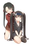  2girls adjusting_another&#039;s_hair black_hair black_legwear blazer brown_skirt bunching_hair closed_eyes coupon_(skyth) hatsushimo_(kantai_collection) headband jacket kantai_collection long_hair mikuma_(kantai_collection) multiple_girls open_mouth pleated_skirt red_eyes ribbon school_uniform serafuku simple_background single_thighhigh skirt skirt_set thigh-highs twintails very_long_hair white_background 