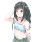 1girl asashio_(kantai_collection) bare_shoulders black_hair blue_bra blue_eyes blush bra breasts disco_brando frilled_bra frills hand_on_own_head highres kantai_collection long_hair looking_at_viewer navel pleated_skirt skirt small_breasts solo strap_slip suspender_skirt suspenders underwear upper_body white_background 